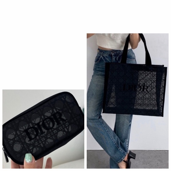 NEW Dior Black Mesh Canage Tote Bag & Pouch Case Clutch Set - Picture 6 of 10